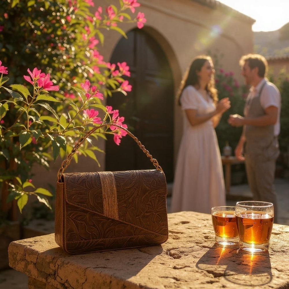 2 Straps Hazelnut Brown Embossed Tooled Artisan LEATHER Crossbody Purse Bolsa - Picture 16 of 16